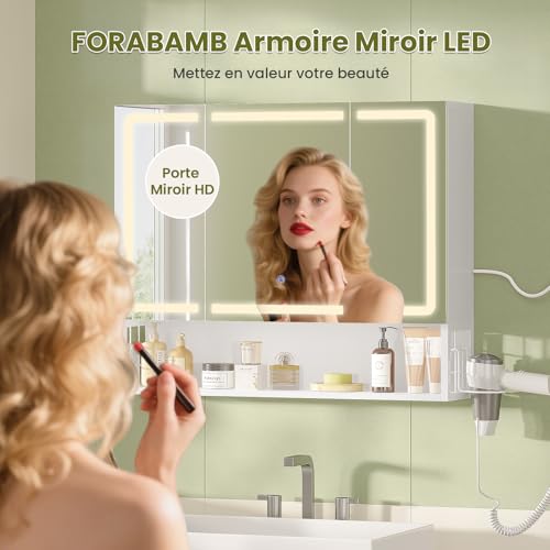 FORABAMB Armario Espejo Baño, Armario baño Pared con iluminación LED y Estación de Carga, Mueble Baño con Cesta de Almacenamiento y Estante Interior Ajustable, Tres Temperaturas de Color, 80x16x70 cm - imagen 7