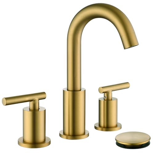 Brushed Brass Bathroom Faucet 3 Hole with Pop Up Drain with Over Flow and Supply Hose, Stainless Steel 8 in Widespread Gold Bathroom Sink Faucet, ChiLDano 2 Handle Gold Bathroom Faucet CH2183BBG