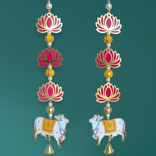 Image of Temple Decoration Item| Backdrop for Pooja Decor| Diwali Decoration Item| Hanging for Home Decoration| Wall Hanging Temple| Lotus Hanging for Home Decor| Ganpati Decor| (2, Lotus & Cow)
