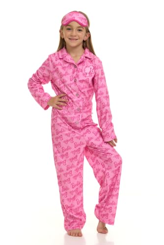 Barbie Big Girls' Button Front Allover Print Fleece Coverall and Sleep Mask Set Classic Pink 10-12 - image 2