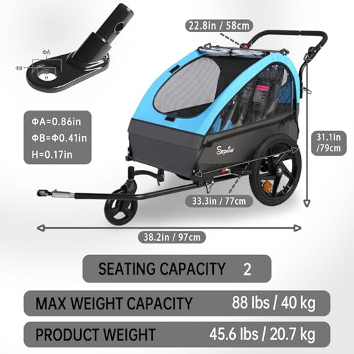 Image of Sepnine Kids Bike Trailer, 2 in1 Canopy Carrier Converts to Stroller Suitable for 1 to 2 Kids, 12+ Months, Quick Attach to Bike, Foldable, with 5-Point Harness and Storage Bags
