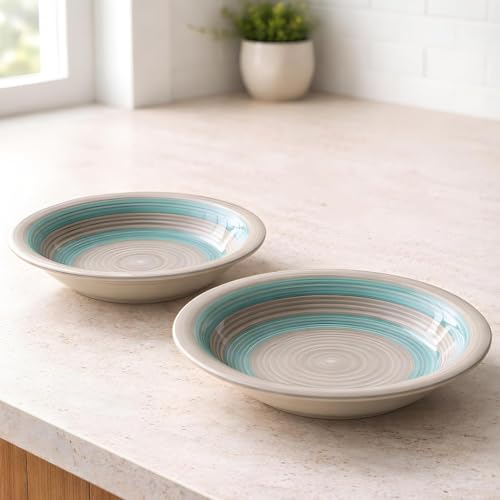 Image of Pasta Bowl Set of 2 | 7 Inch, Deep Soup & Salad Serving Plates | Microwave & Dishwasher Safe Big Bowl | Stylish Kitchen Tableware for Pasta, Soup & Everyday Dining (2, Turquoise-Grey)
