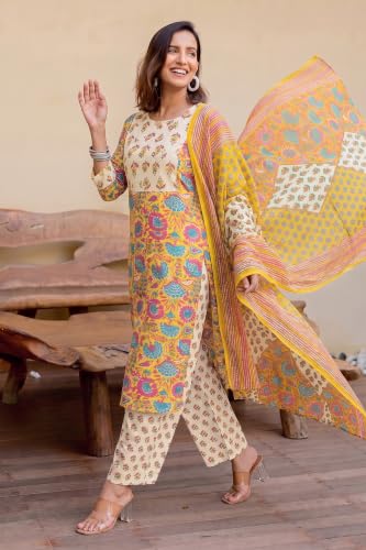 Image of MIRCHI FASHION Women's Straight Fit Pure Cotton Embellished Floral Printed Kurta Set with Dupatta and Trouser