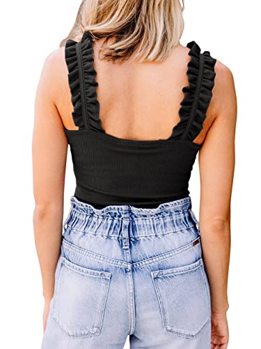 Pinkmstyle Womens Ruffle Strap V Neck Tank Tops Slim Ribbed Sleeveless Shirt Blouses Black #TOP4
