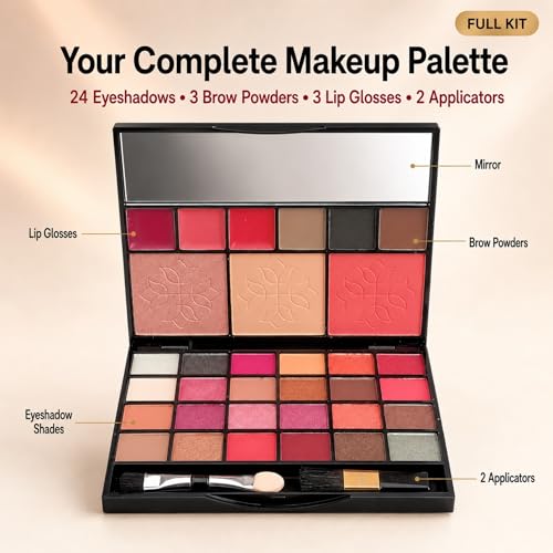 Image of All-in-One Makeup Kit with Mirror - Includes 24 Eyeshadow Palette with Brush, 3 Eyebrow Powder, 3 Lip Gloss, 2 Applicator, Blush Contour and Highlighter Palette for Girl & Womens