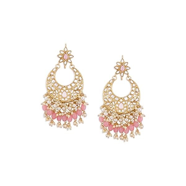 Zaveri Pearls Pink Cluster Beads Drop Kundan Crescent Dangle Earring For Women-ZPFK13794
