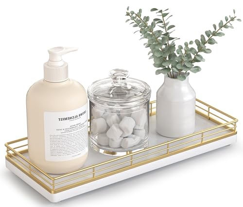 Bathroom Tray for Counter Top Organizer – Oak Wood Vanity Tray with Metal Frame for Dresser, Kitchen, Nightstand – Gold & White Decorative Storage