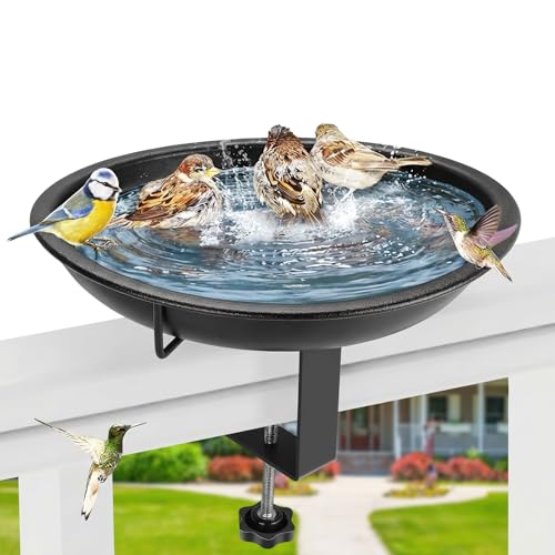 lameico Vogeltränke Hängend für Balkongeländer Mattschwarz Wildvogeltränke Winterfest Außen Metall Vogelbad Garten Frostsicher Wassertränke Wildvögel Klemme bis 7 6 cm Geländer