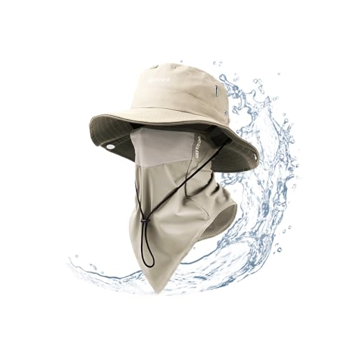 Unisex Waterproof Sun Hat with UPF 50+ Protection, Wide-Brimmed Fishing Hat with Detachable Cooling Silk Face Cover, Ideal for Outdoor Fishing, Hiking, and Camping(Khaki)