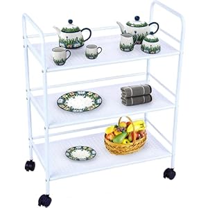 Multibao White Metal Rack Shelf 3 Tier Rolling Trolley Storage Rack Cart Shelf with Wheels for Small Spaces, Office, Kitchen, Bedroom, Bathroom, Laundry Room 60cm x 32cm x 75cm