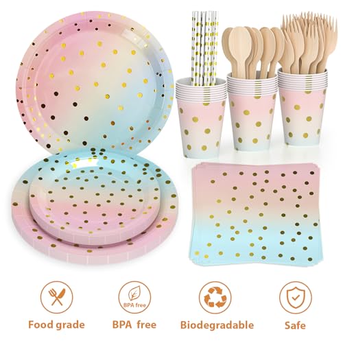 Dn Dennov 168PCS Pink and Gold-Pastel Supplies, Serves 24 Disposable Dinnerware Set with Paper Plates, Cups, Napkins, Straws, Wooden Forks & Spoons for Wedding, Christmas (Trompe L'Oeil Gold) - Image 3