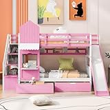 MERITLINE Twin Over Twin Castle Bunk Bed with Slide,Stairs and Drawers,Solid Wood Floor House Princess Bunk Bed with Storage Shelves (Pink)