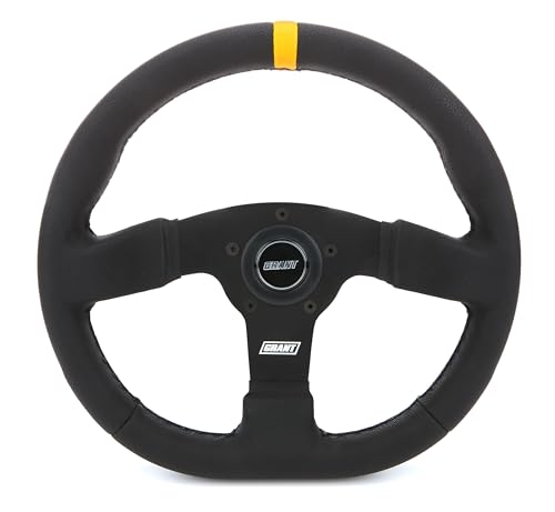 Grant Steering Wheel, Performance Flat Bottom, 13 x 12.25 in Diameter, D-Shaped, 1 in Dish, 3-Spoke, Black Vinyl Grip, Yellow Stripe, Aluminum, Black Anodized, Each