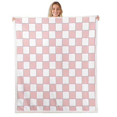 Image of Erosebridal White Pink Plaid Throw Blanket Twin 60 inchX80 inch Light Pink Checkerboard Fleece Bed Blanket for Kids Girls Teen,Checkered Grid Sherpa Blanket Modern Aesthetic Geometric Fuzzy Blanket