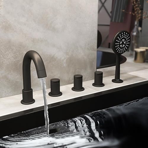 HCZKIUJY Grifo Mezclador de baño de 5 Orificios en Oro Cepillado con Ducha de Mano y rotación de 360°(Black)