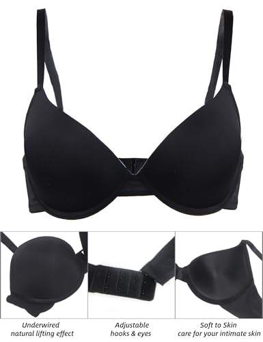 ohmydear T Shirt Bras for Women UK Wired Comfort Plus Size Smooth Ladies Underwired Deep V Everyday Black Push Up Bra Minimizer Plunge, 38D - Image 8