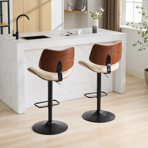 REONEY Butaco Giratorio, Set de 4, Altura Ajustable, Tapizado en Cuero PU Beige, con Respaldo y Reposapiés, Moderno miniatura 5