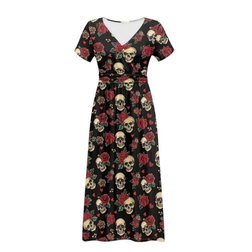 Image of Women's Fall Summer Short Sleeve Ankle Length V-Neck Party Dress with Pockets Size S-3XL