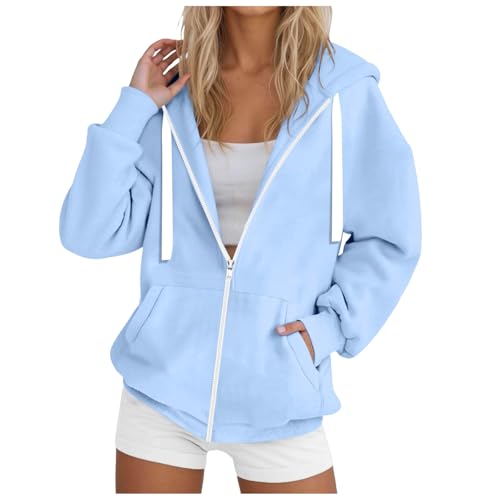 Image of Womens Zip Hoodies Warm women's Zipped Hoodies for Women Uk,Ladies Plain Hoodie Winter Warm Fleece Zip Up Drawstring Sweatshirt Activewear (Sky Blue, S)