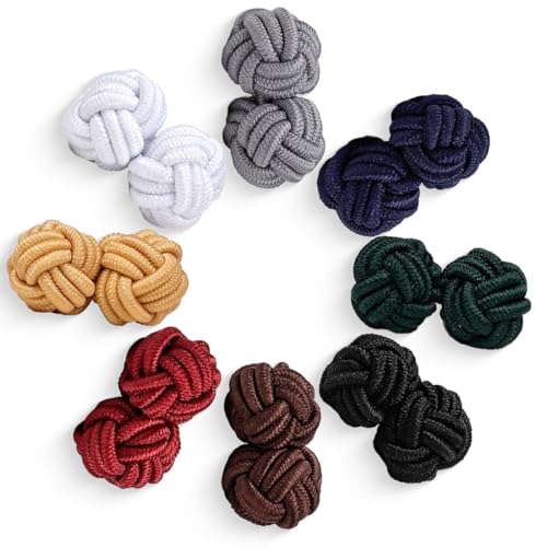 COYUN 8 Pcs Gemelos para Camisa para Hombre, Gemelos para Camisa, Juego de Gemelos con Nudo de Tela de Seda para Camisa/Traje para Hombre/Mujer, Redondos para Regalo de Boda de Negocios