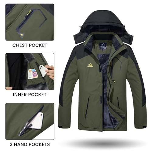 TACVASEN Herren Arbeitsjacke Winter Angeljacke Übergangsjacke Regenjacke Outdoorjacke Wasserdicht Atmungsaktiv Winddicht, Armeegrün, L