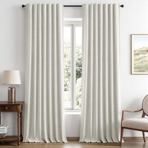 MIULEE 100% Blackout Linen Curtains 42 x 96 Inch Birch White 2 Panels