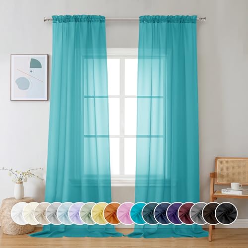 Image of Chyhomenyc Turquoise Sheer Curtains 96 inches Long 2 Panels, Light Filtering Soft Airy Solid Elegant Voile Window Treatment Drapes for Bedroom Living Room Wedding Party Decor, 42 Wx96 L, 8FT L