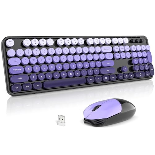 Image of Wireless Keyboard and Mouse Combo, 2.4GHz Gradient Colorful Full-Size Retro Typewriter Keyboard with Wireless Mouse for PC /Desktop /Laptop /Windows (Black Purple)
