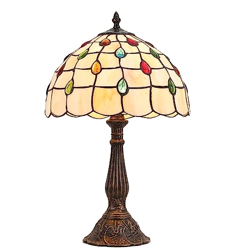 Lámpara de Mesa 'Rafa'. Pantalla de Cristal Beige detalles multicolor, E27. Base de metal estilo antigua. Lámpara de mesa Tiffany Retro vintage para sala de estar, dormitorio, mesita de noche.