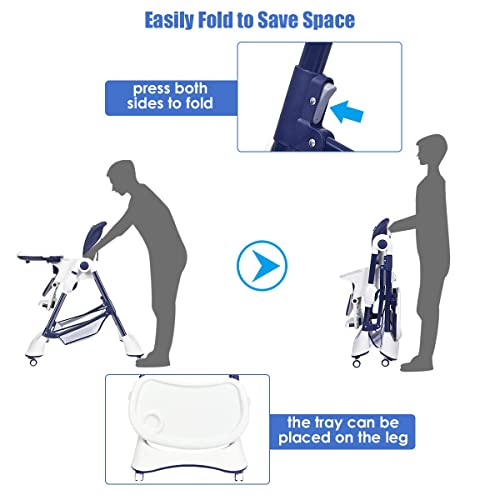 Image of INFANS High Chair with One-Hand Removable Tray, 4 Lockable Wheels & Large Storage Basket - Multi-Adjustable Height, Recline & Footrest, Removable Cushion, Foldable for Baby, Infant& Toddler (Navy)