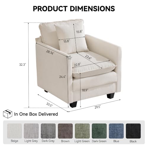Image of 30'' Cloud Single Couch, Cloud Sofa with Throw Pillow, Modern 1 Seater Reading Chair with Deep Seat, Accent Chairs for Living Room, Bedroom, Small Apartment, Beige