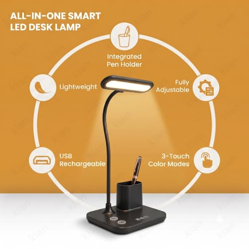 Image of Kian 3-in-1 LED Desk Lamp with Pen & Phone Holder, 2400mAh Battery - USB Rechargeable Study Lamp with Touch Sensor, 3 Light Modes, Eye Protection & Warm White, (Pack of 1) (Lamp 8)