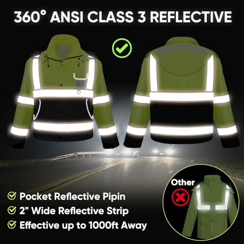 TICONN Reflective Rain Jacket Safety Jacket, Waterproof Hi Vis Rain Coat, Class III High Visibility Coat (Yellow&Black, L)