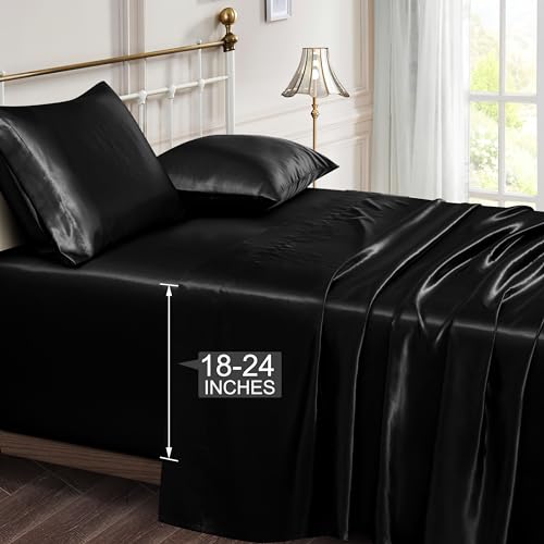 Vonty Black Satin Sheets Full Extra Deep Pocket 18-24In 4PC