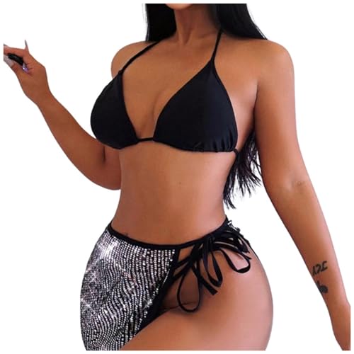 Generisch Bikini con pantalones cortos bikini de tres piezas para mujer con falda de lentejuelas sexy traje de baño hermosos bikinis, Negro , M