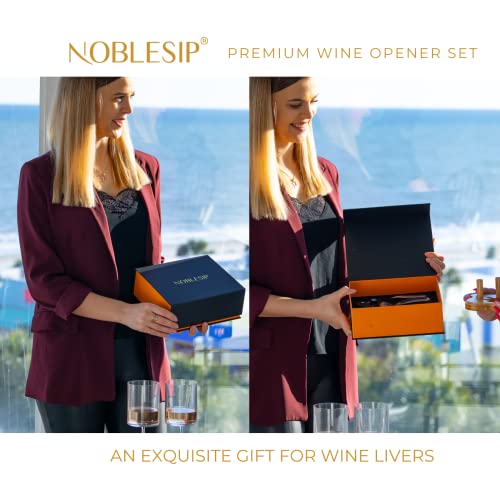 Wine Opener Set With Wood Stand & Gift Box, 𝗣𝗥𝗘𝗠𝗜𝗨𝗠 Noblesip: Rabbit Corkscrew, Foil Cutter, 2 Bottle Stoppers. Easily Removes All Corks, A Great Father's Day Gift. (2023 Upgraded, Chrome Set) #TOP7