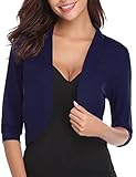 iClosam Women 3/4 Sleeve Cropped Cardigans Open Front Bolero Shrug Knit Sweater Jacket (Large, Navy Blue)