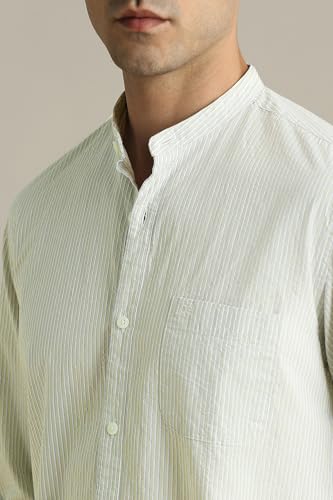 Image of Peter England Men's Casual Mandarin Collar Slim fit Full Sleeve Shirt in 100% Cotton Seersucker with Striped Design
