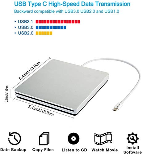 Aouan Zewnętrzny odtwarzacz CD DVD USB C CD DVD przenośny nagrywarka cienki odtwarzacz CD DVD do MacBooka Pro/Air/Mac/laptopa/Windows7/Windows8/Windows10 (srebrny)