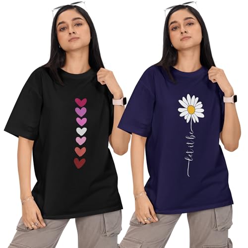 Image of Reifica Women 100% Pure Cotton Drop Shoulder Loose Fit Oversized T Shirts (Combo Pack of 2)