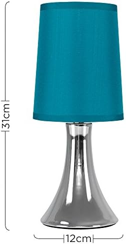 MiniSun Pair of Small Modern Chrome Trumpet Touch Table Lamps Bedside Lights with Blue Fabric Shades