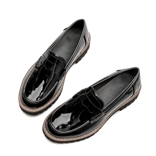Image of Womens Loafers Comfortable Platform Penny Loafer Chunky Heel Business Casual Dress Shoes Fashion Patent Leather Women's Loafers & Slip-ons