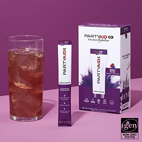 Image of PARTYAID GO! Feel Good Tonight and Tomorrow, Zero Sugar, 5-HTP, B-Complex, Milk Thistle, Electrolytes, No Artificial Flavors or Sweeteners, Caffeine-Free, 14 Count (Pack of 1)