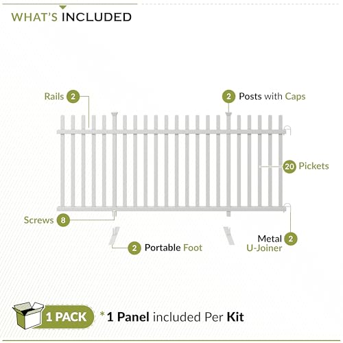 3.5ft H x 7.6ft W (1 Panel) Freestanding Zippity Lightweight Portable Fence Kit, White Vinyl Picket Fence Panel, Portable Outdoor & Indoor Fence for Temporary Events, Easy Install for Backyard ZP19026