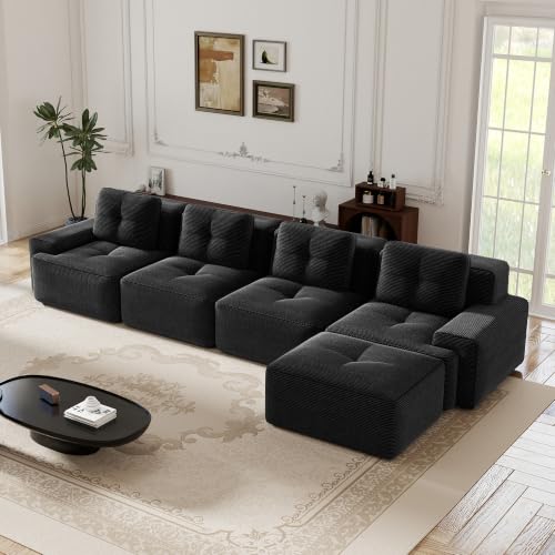 Image of 153 inch L-Shaped 4-Seater Modular Boneless Couch with Ottoman, Soft Corduroy Cloud sectional Sofa, Oversized Deep Seat, No Assembly Anti-Slip Stable Sofa, Black
