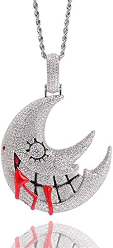 ICEDIAMOND Shiny CZ Simulated Diamond Grinning Crescent Moon Necklace, Iced Out Zircon Gothic New Moon Pendant, Gold Plated Hip Hop Charm Jewelry for Men (White)