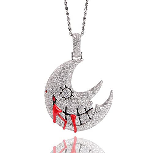 ICEDIAMOND Shiny CZ Simulated Diamond Grinning Crescent Moon Necklace, Iced Out Zircon Gothic New Moon Pendant, Gold Plated Hip Hop Charm Jewelry for Men