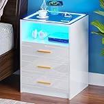 yoofun White Bedside Table with Wireless Charging Station, LED Nightstand with 3 Drawers, High Gloss Smart Sofa Side End Table with USB Type-C for Living Room Bedroom