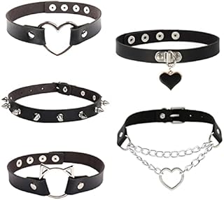 Gothic Choker Leather Black Choker Necklace for Women Men,Adjustable Punk Rock Necklace Gothic Gifts for Girls,Emo Novelty Vintage Biker Spiked Studded Heart Collars Accessory Goth Jewellery(5pcs)