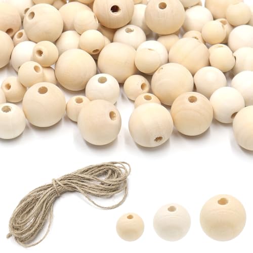 KtbeYTi 100 Piezas Agujero Pequeño Cuentas de madera Cuentas Redondas de Madera Natural con Cuerda de Cáñamo para Decoraciones Fabricación de Joyas de Bricolaje(Tamaño Mixto)
